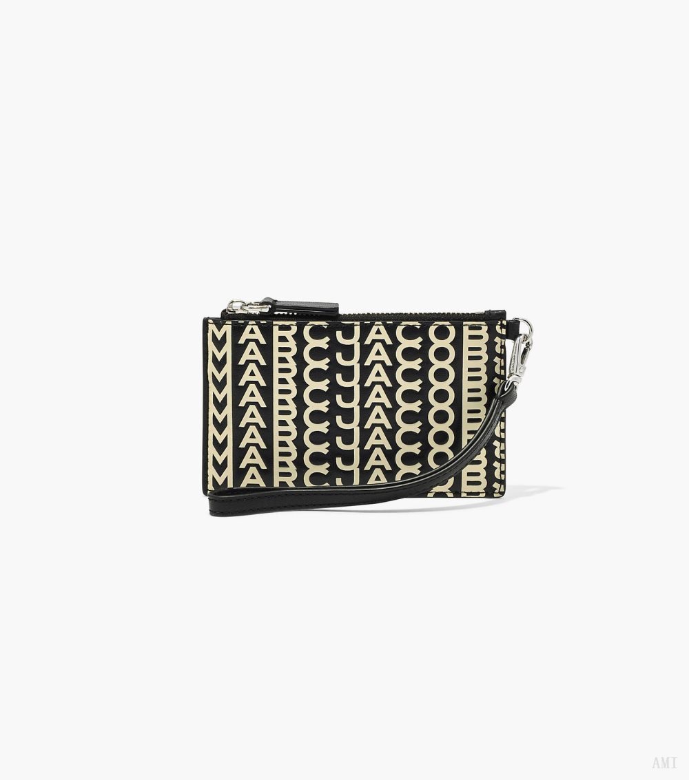 The Monogram Leather Top Zip Wristlet - Black/White